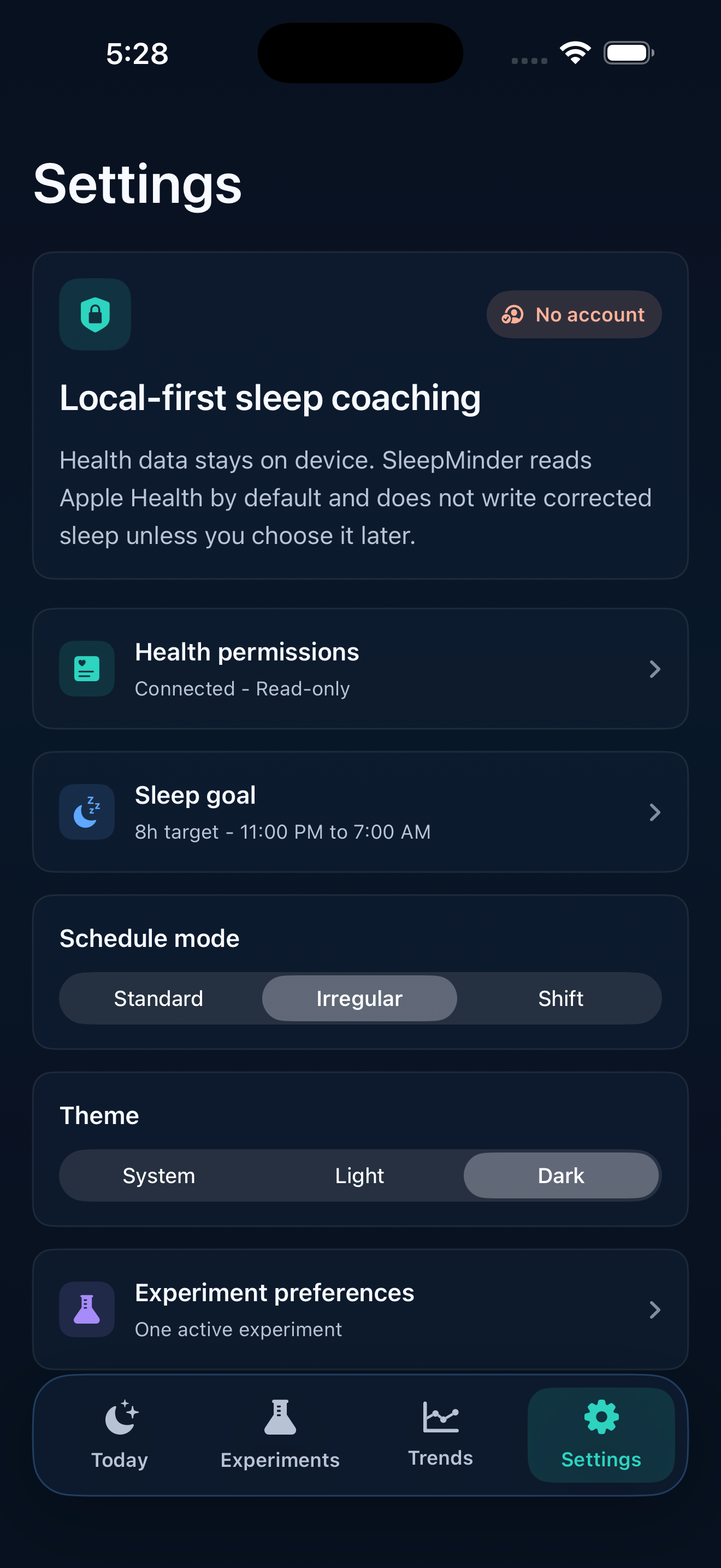 Dawnwise Settings screen showing privacy controls
