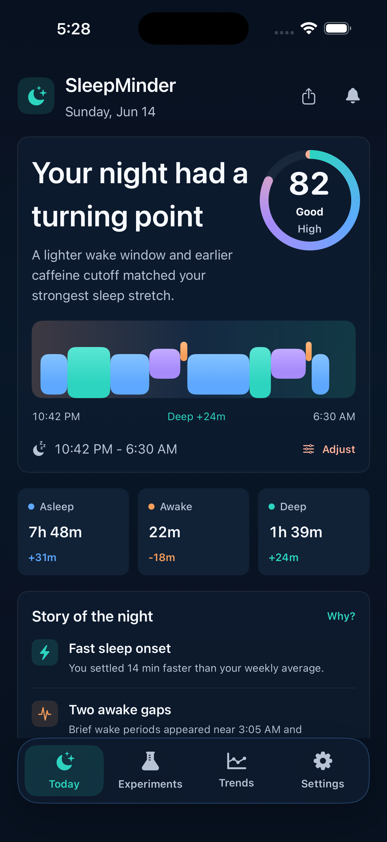 Dawnwise Today screen showing sleep score and timeline